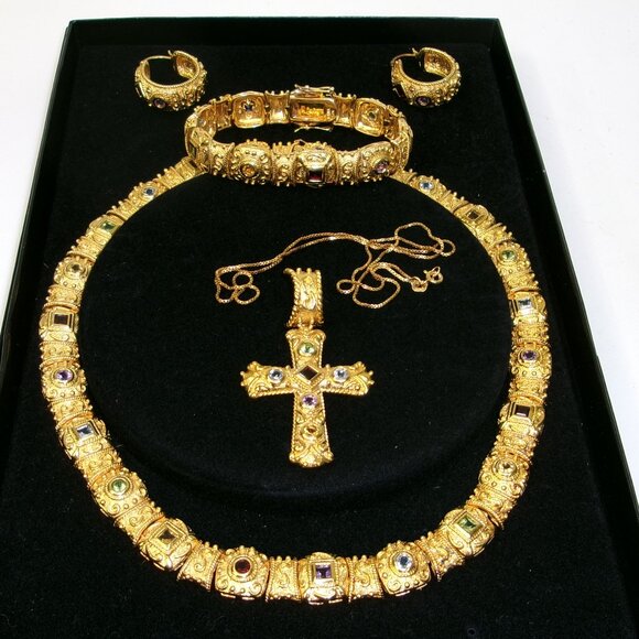 Etruscan Sterling Silver 18k Gold Vermeil Gemstone Jewelry Set with Cross MIB - Picture 5 of 7